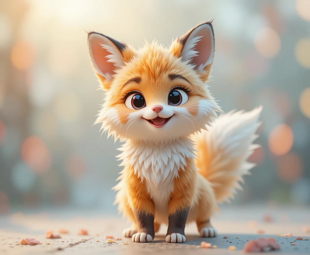 Personaggio 3D di volpe-gatto soffice e sorridente in colori delicati