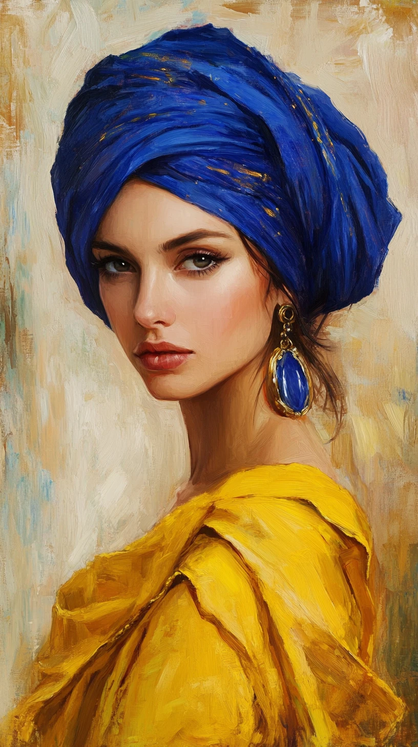 Elegant woman in blue turban and yellow drapery portrait