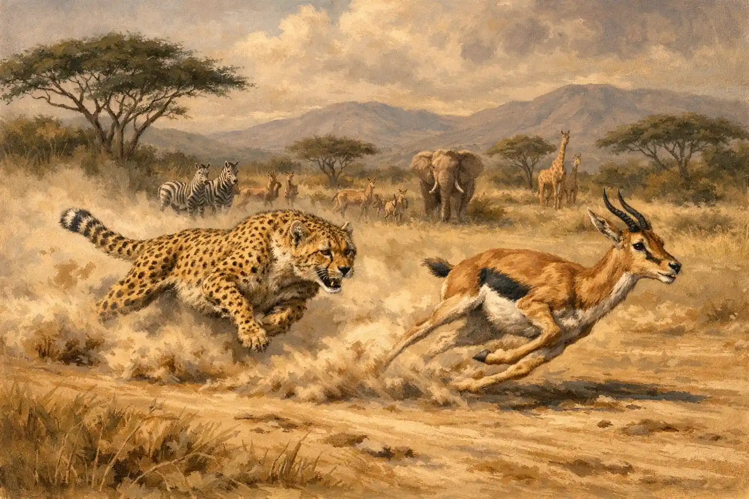 Cheetah Chasing Gazelle Across Dusty African Plains