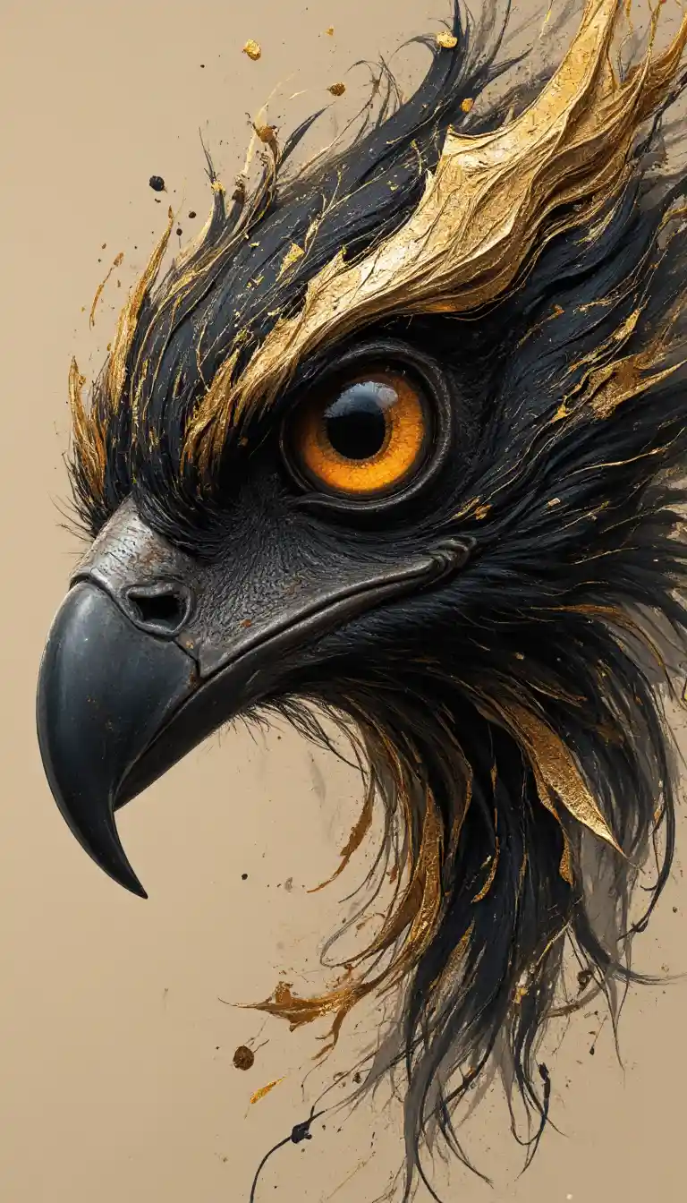 Ritratto astratto ravvicinato di un uccello in oro e nero