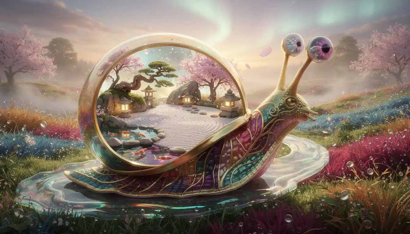 Golden ethereal snail crossing a luminous enchanted meadow
