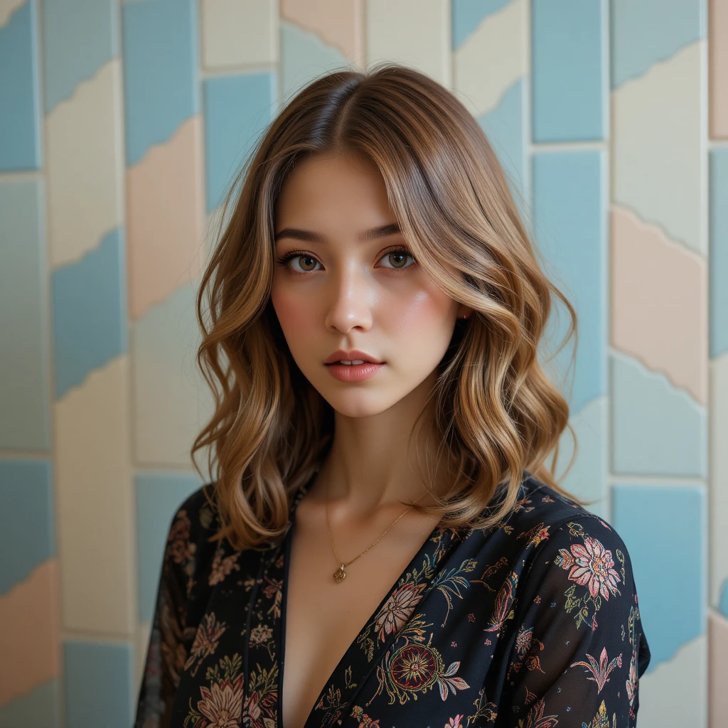 Woman portrait with wavy hair and patterned dark clothing
