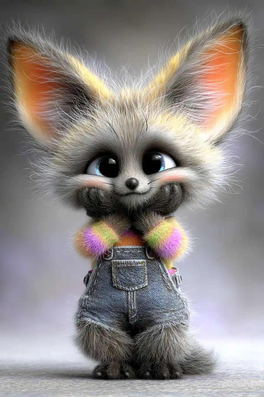 Cute fennec fox in cozy jersey and denim overalls