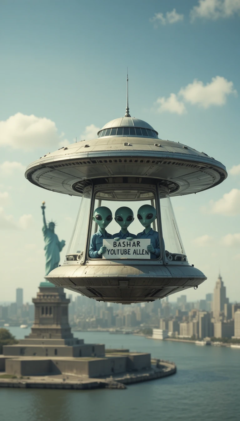 ニューヨーク港の上空を飛ぶエイリアン搭乗UFO