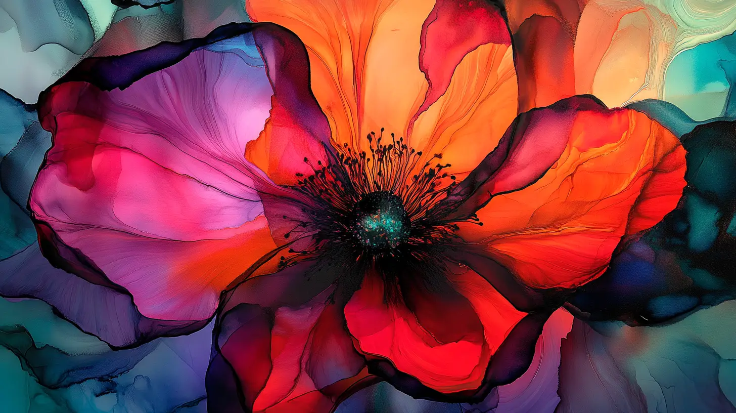 Surreal abstract flower in vibrant alcohol ink colors