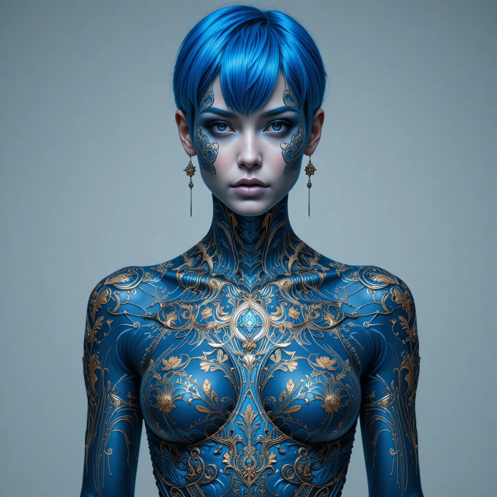 Cyberpunk woman with cobalt blue hair and ornate metallic body