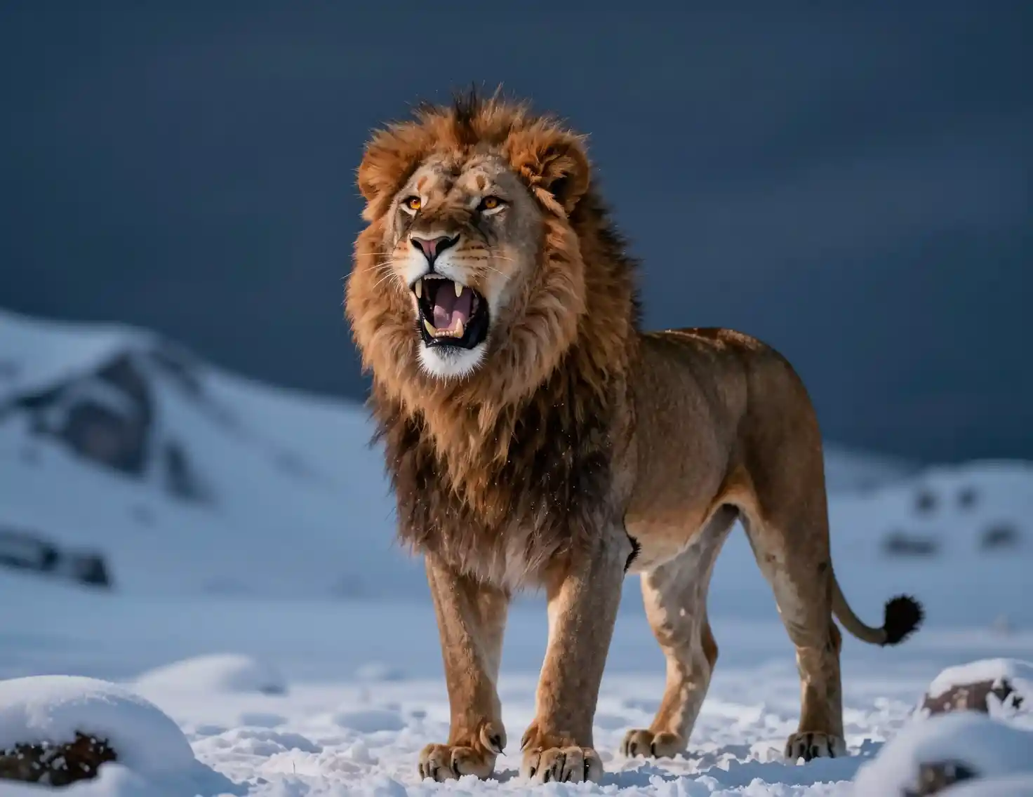 Roaring red lion on a snowy mountain at night