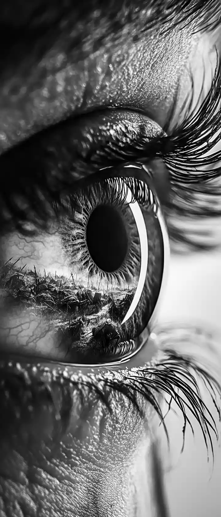Primerísimo plano de un iris humano en blanco y negro