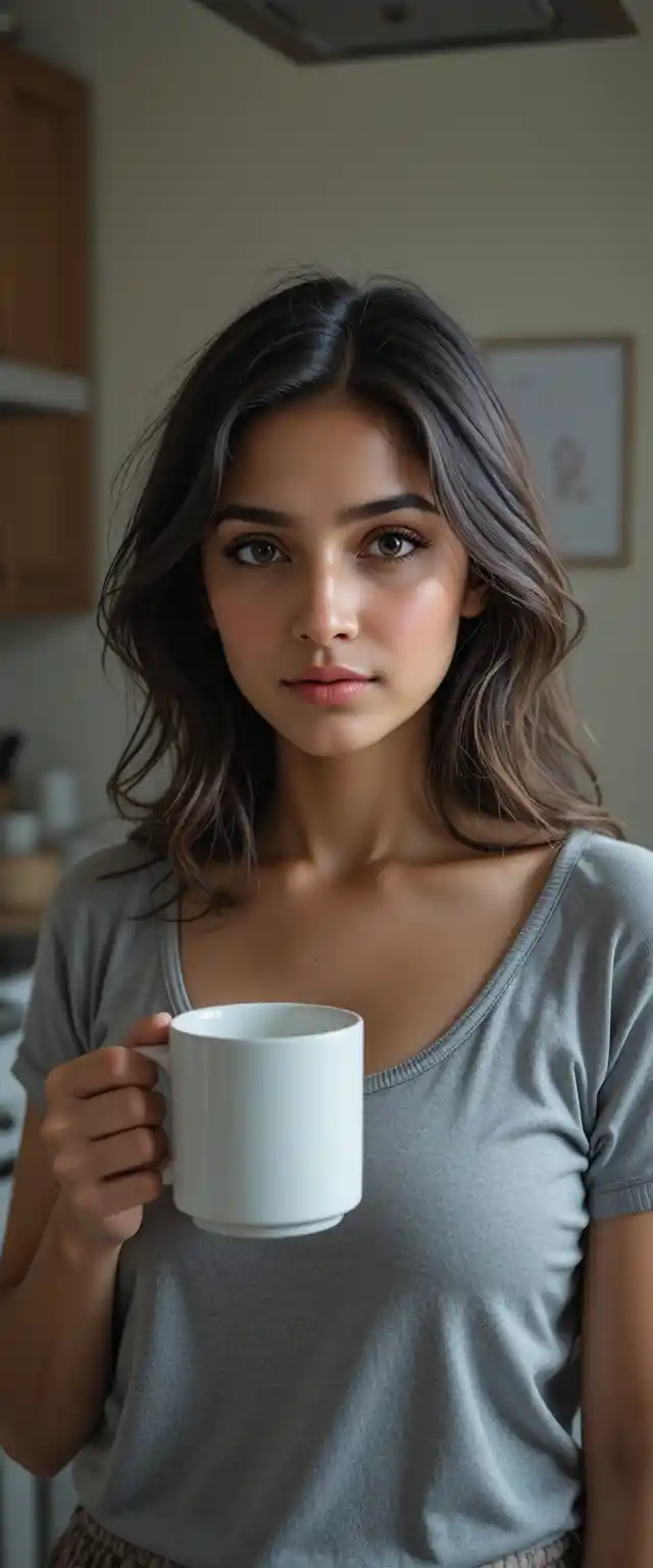 Thoughtful Pakistani woman holding a mug in home kitchen