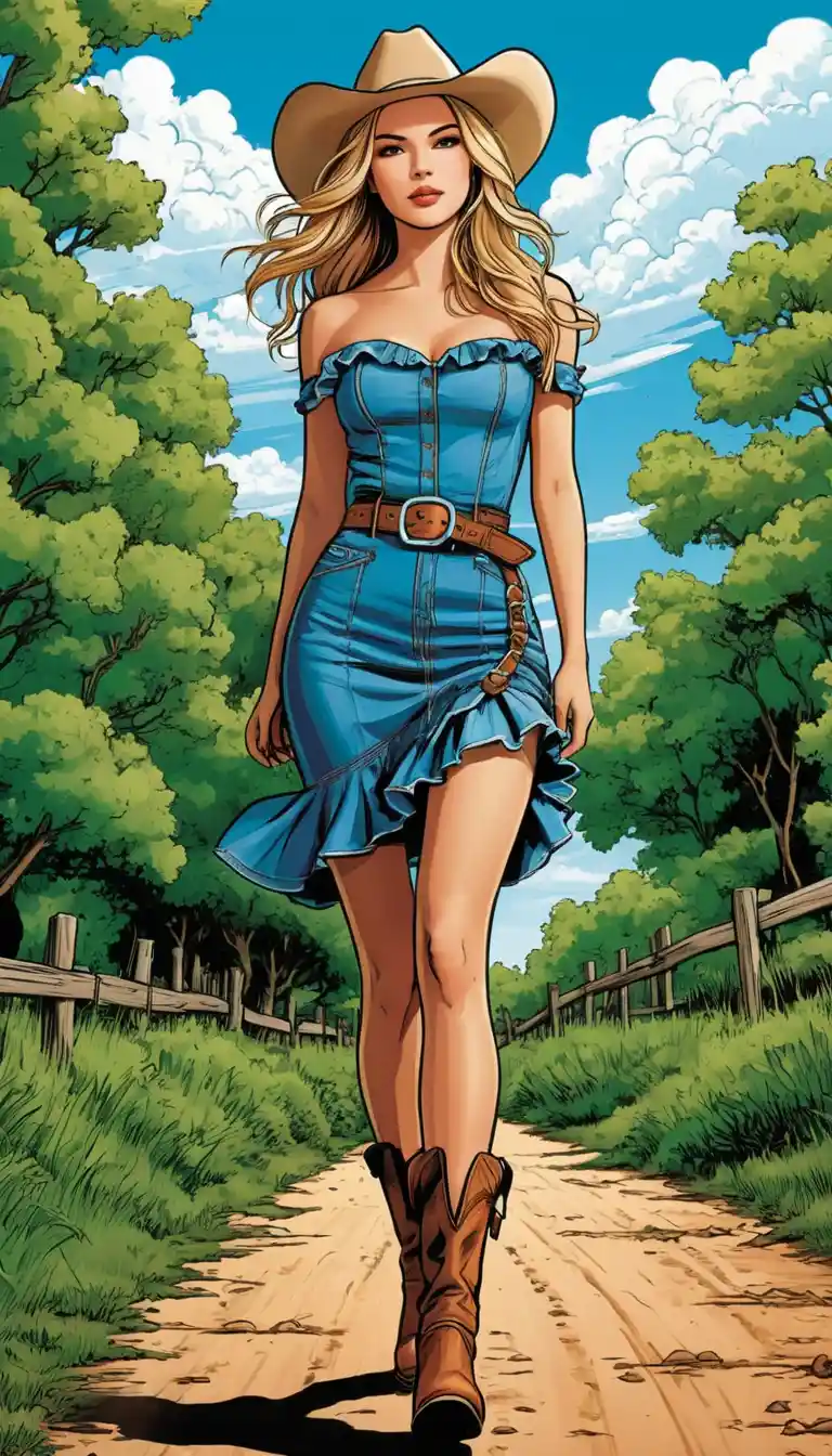 Confident blonde woman walking a rural path in denim