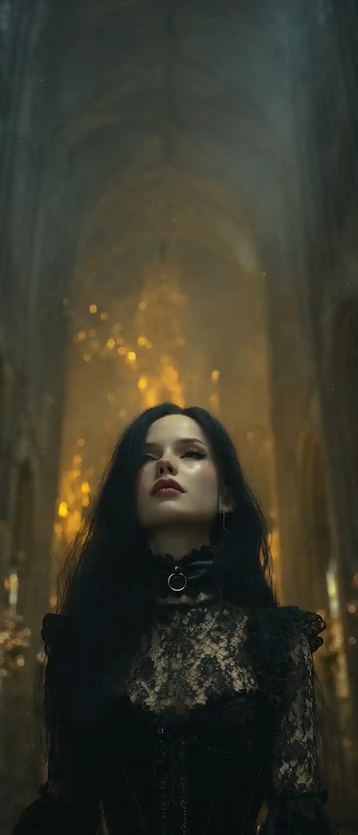 Pale vampire woman in black lace dress in cathedral