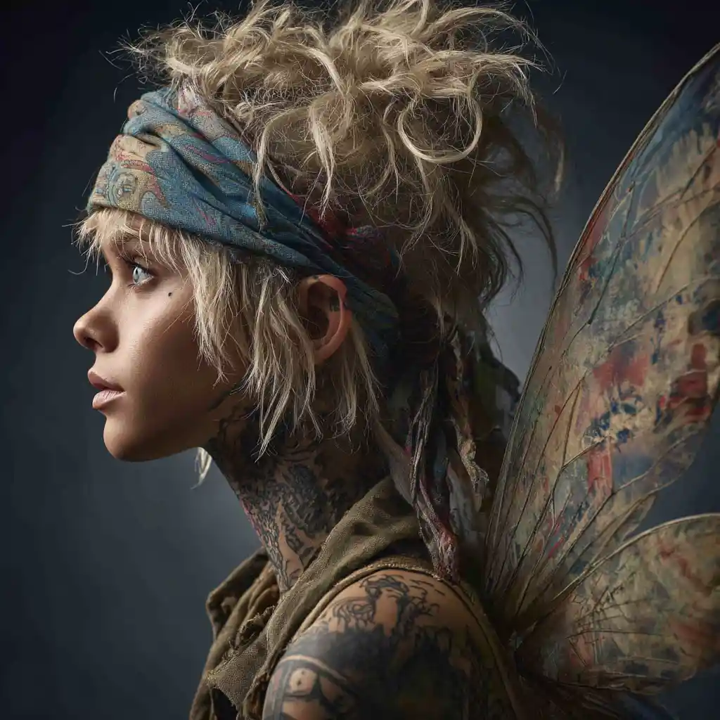 Punk fairy woman in profile with tattoos and wings