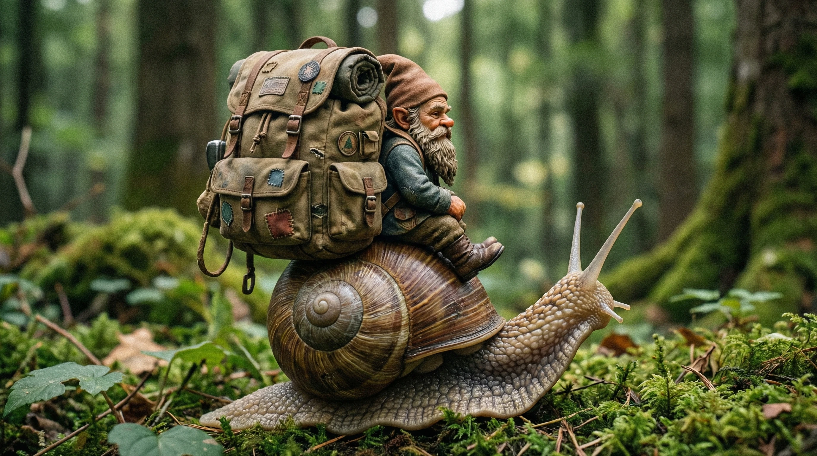 Gnome Riding A Slow Snail With A Worn Adventure Backpack