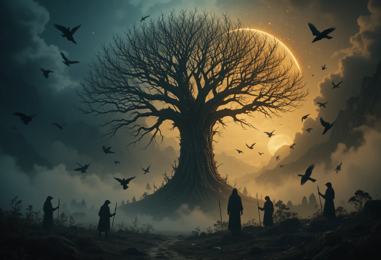 Cuervos Rodeando un Árbol Cósmico Bajo Cielos Iluminados por la Luna