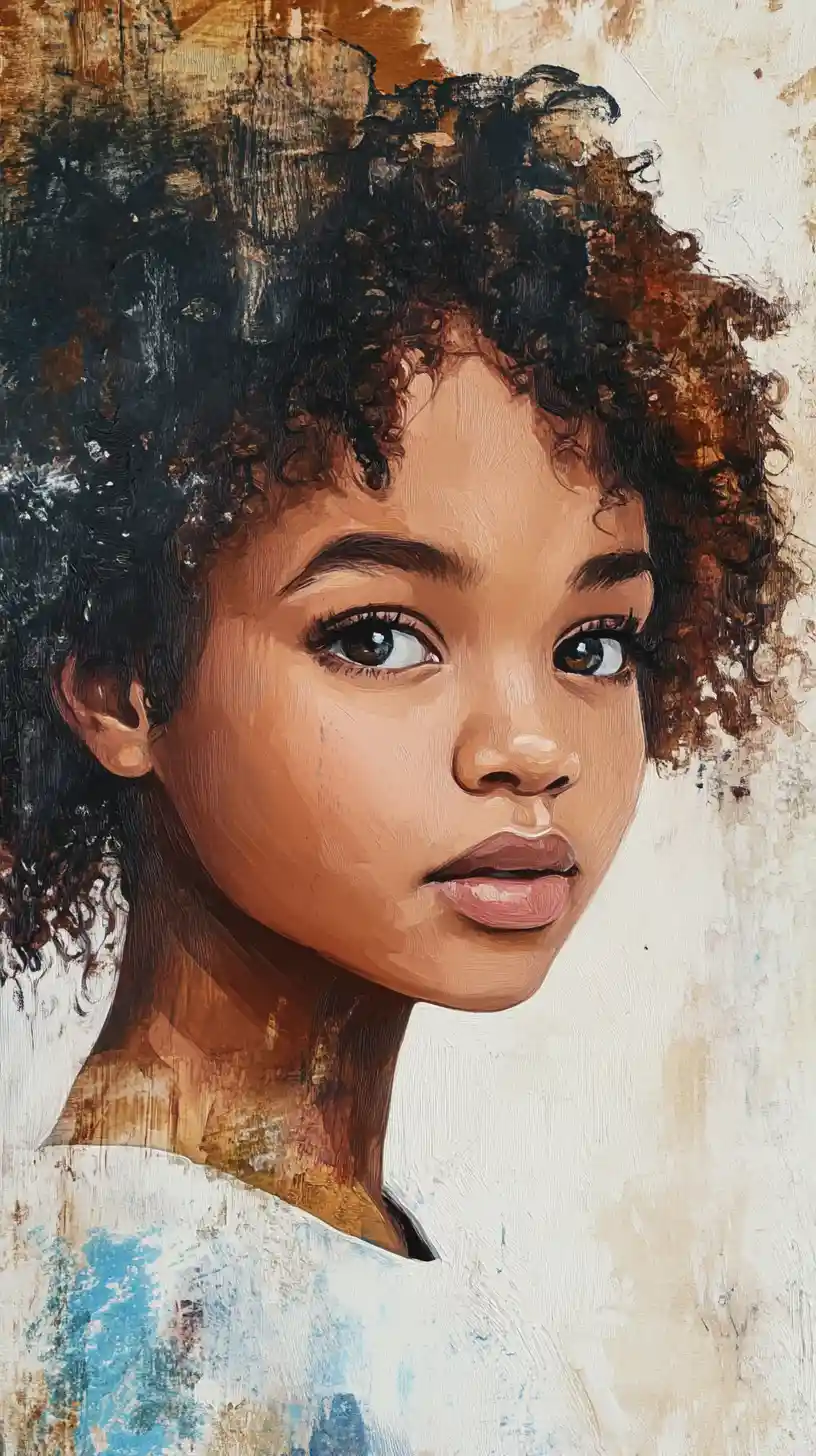 Afro American girl portrait with floral scarves and soft gaze