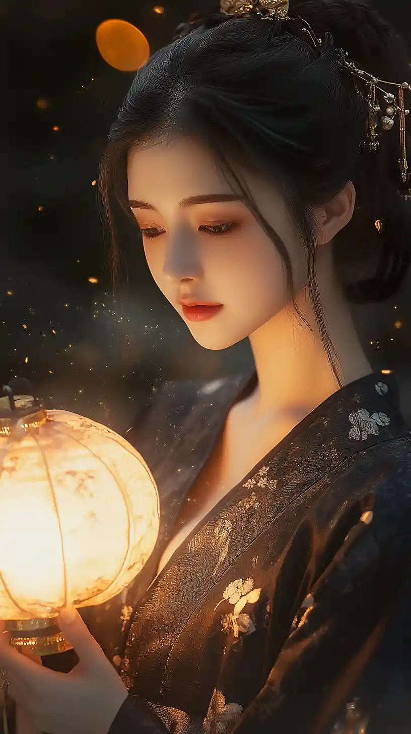 Femme en hanfu tenant une lanterne dorée lumineuse