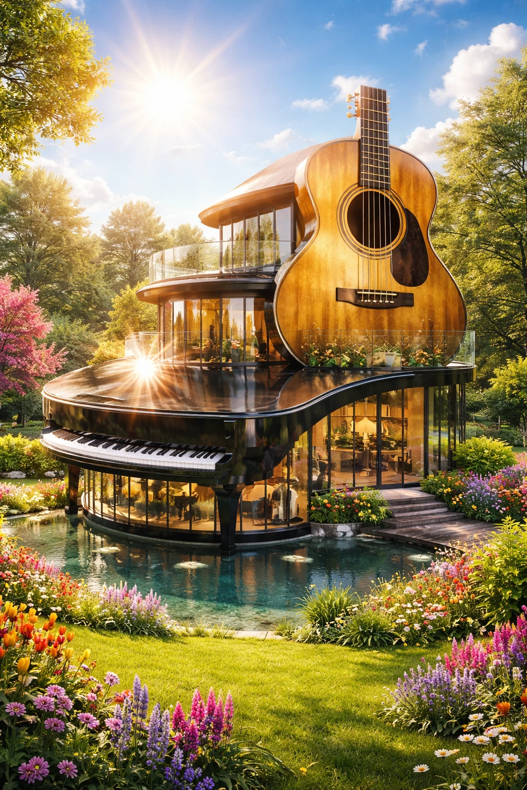 Casa di vetro a tema musicale in un magico giardino fiorito