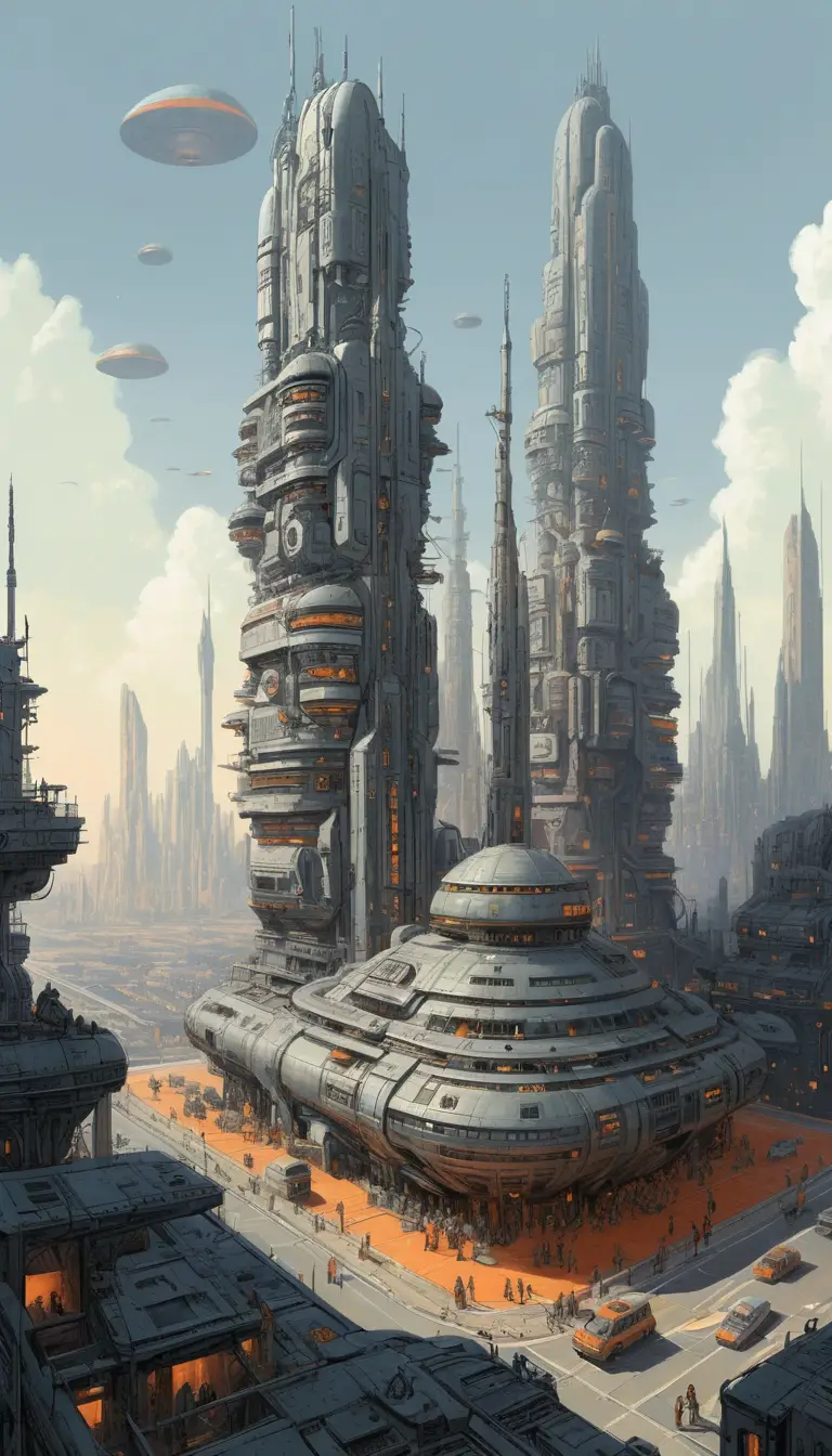 Retrofuturistic Dystopian City With Towering Metallic Structures