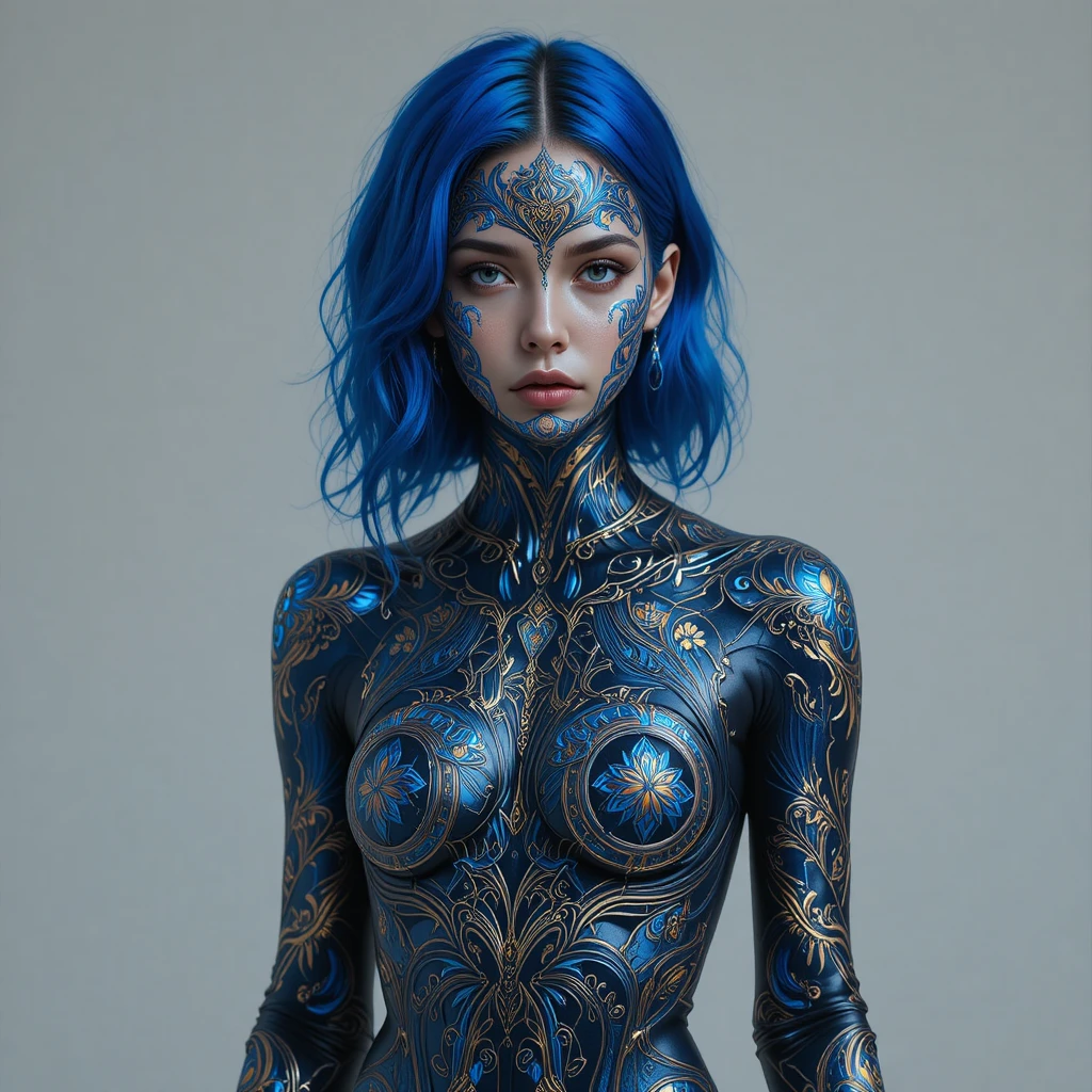 Donna cyberpunk con capelli blu cobalto e corpo metallico decorato