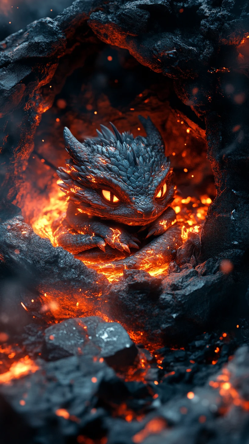 Bebé dragón de lava acurrucado en un nido volcánico resplandeciente