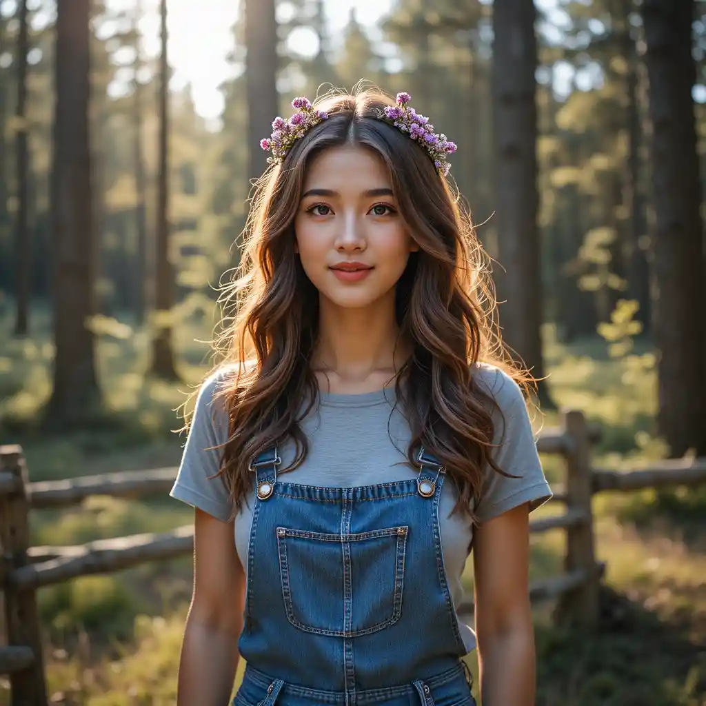 Smiling girl in denim overalls in a sunlit forest clearing