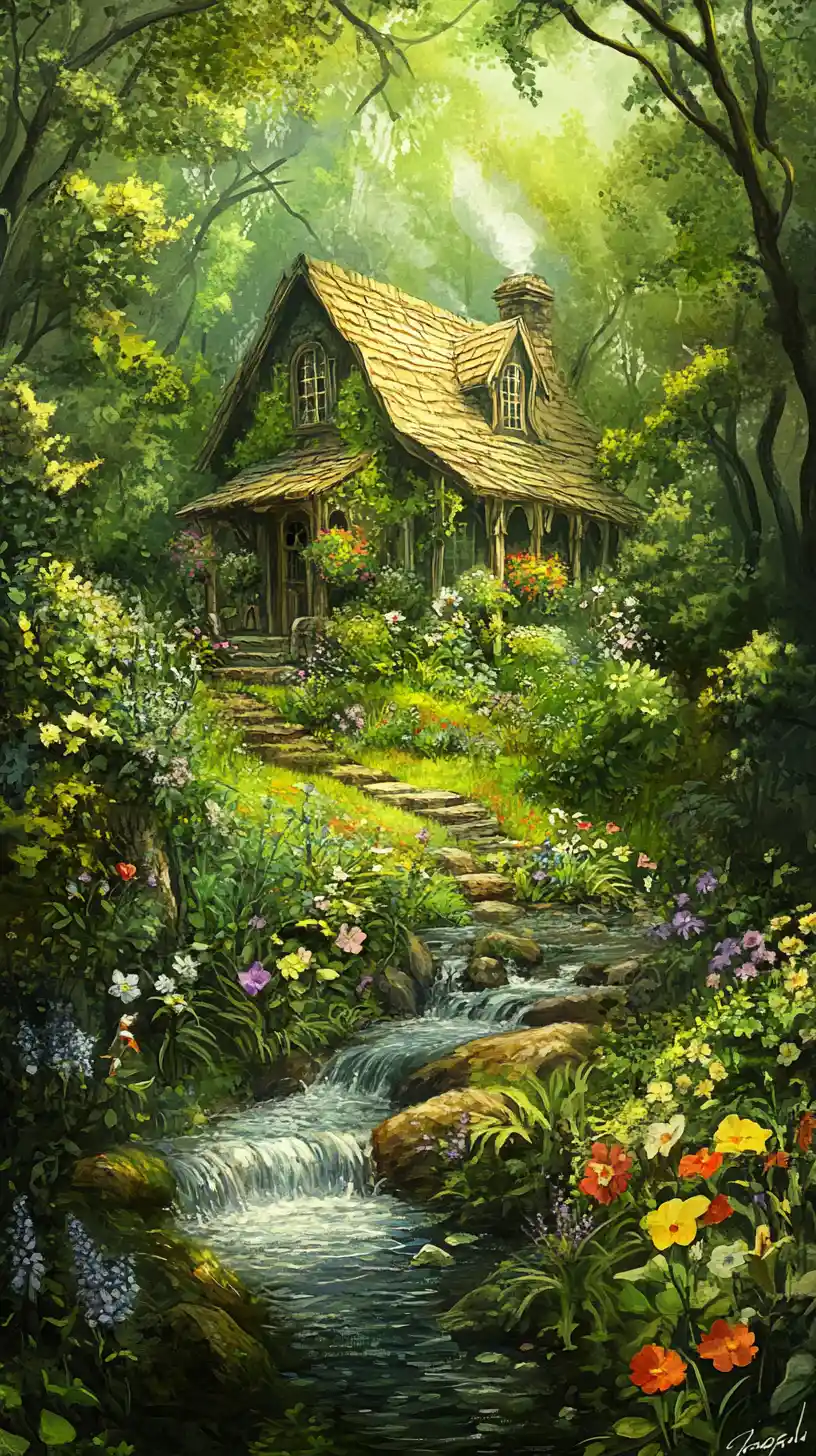 Giardino cottage ad acquerello fiabesco con ruscello sinuoso