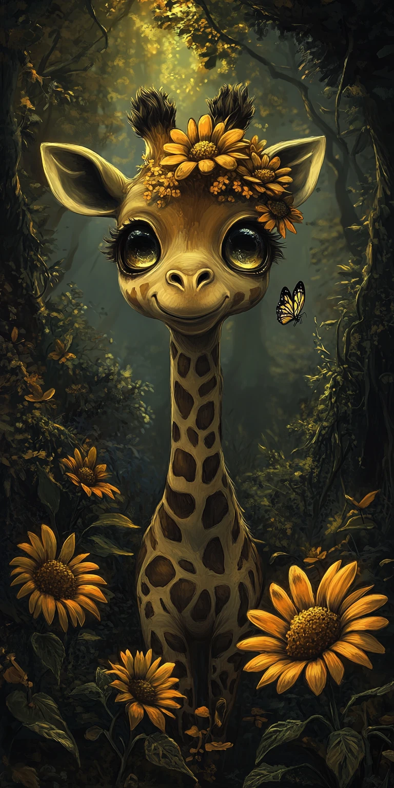 Baby giraffe in an eerie enchanted forest clearing