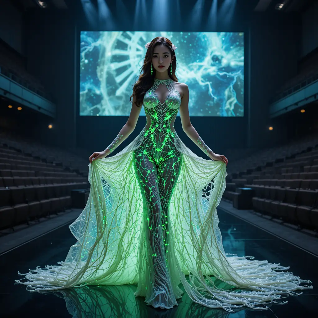 Reina de belleza coreana con vestido científico de encaje de micelio luminoso