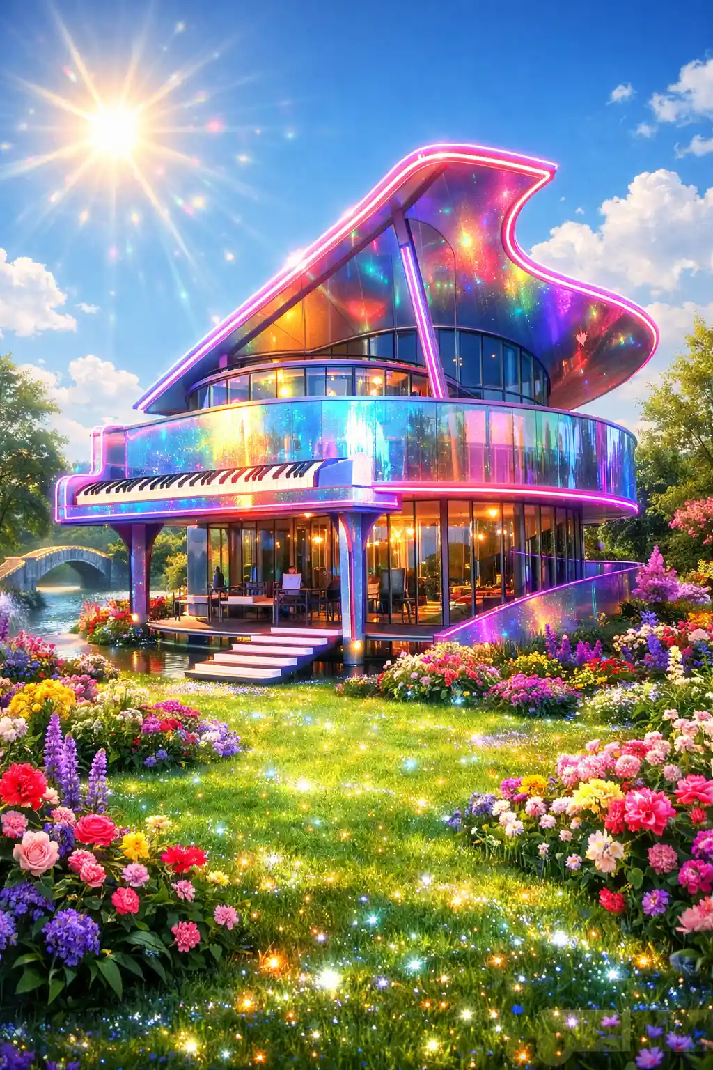 Iridescent neon house shaped like a grand piano