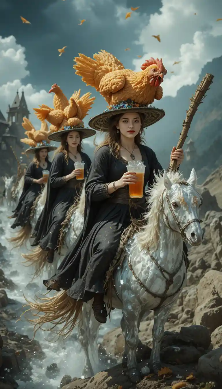 Medieval witches flying on ice brooms with quirky food hats
