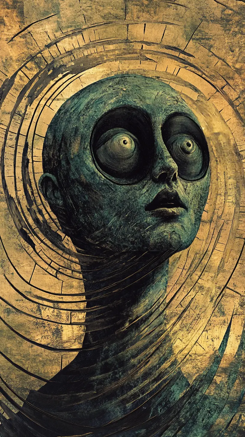 Retrato surrealista verde con ojos enormes y bronce en espiral