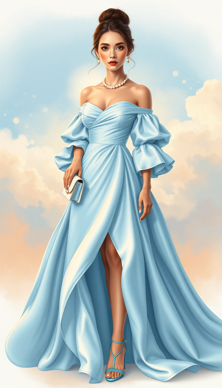 Elegant woman in blue gown fashion illustration portrait
