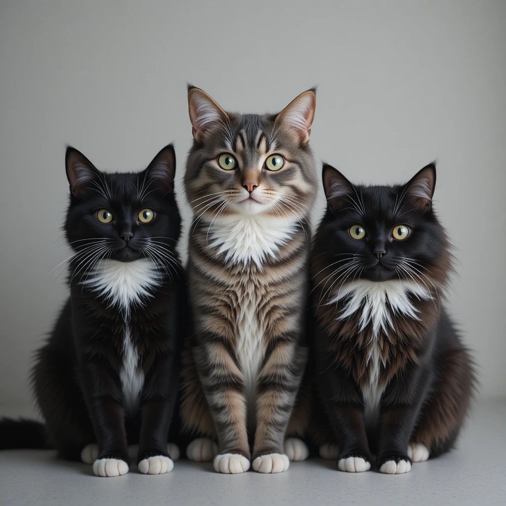 Tres gatos sentados en un sencillo retrato uno al lado del otro
