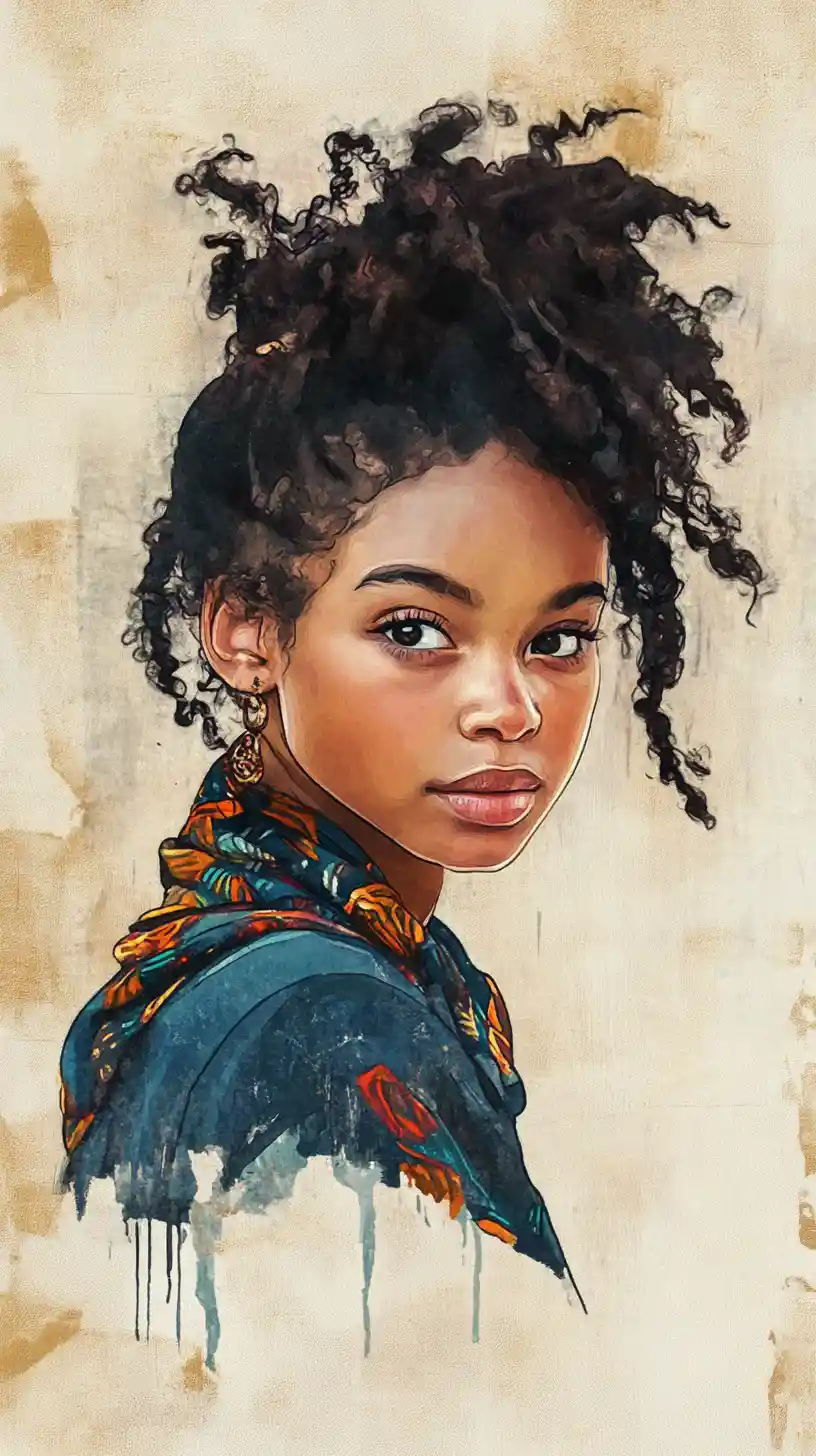 Wistful young girl with afro hair in digital portrait