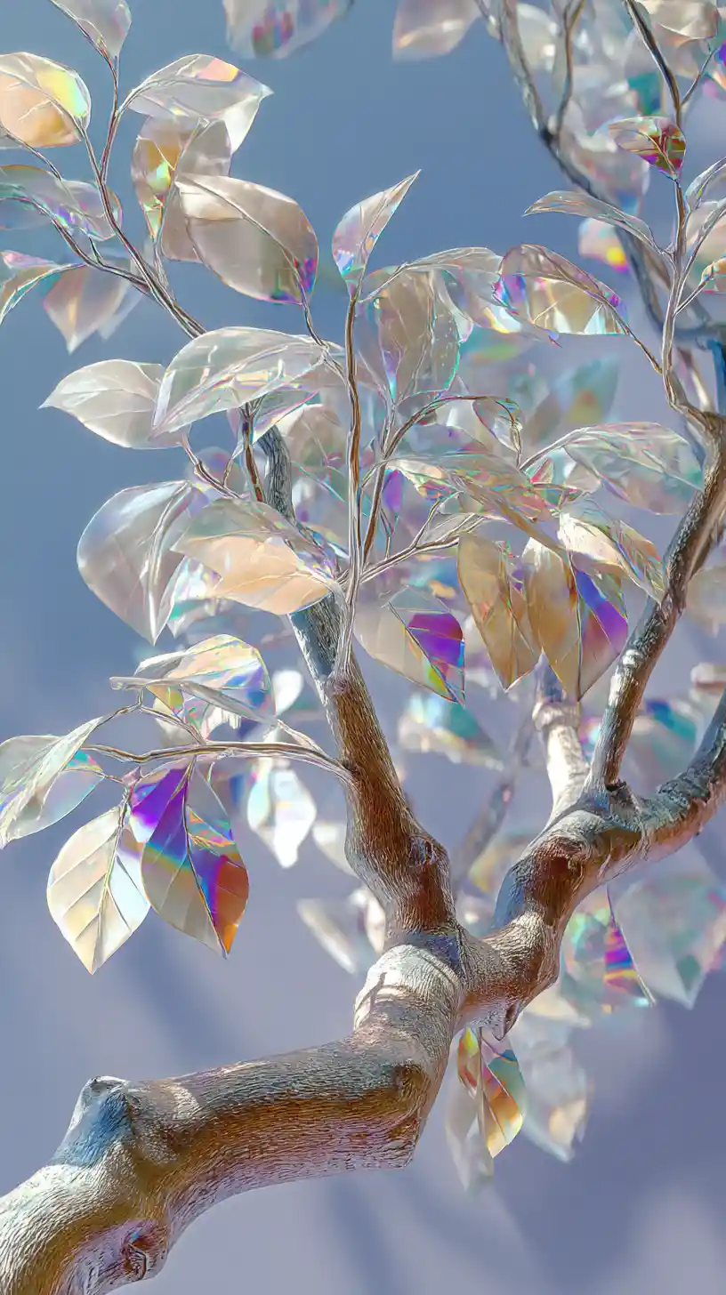 Chrome tree with glass holographic leaves close up