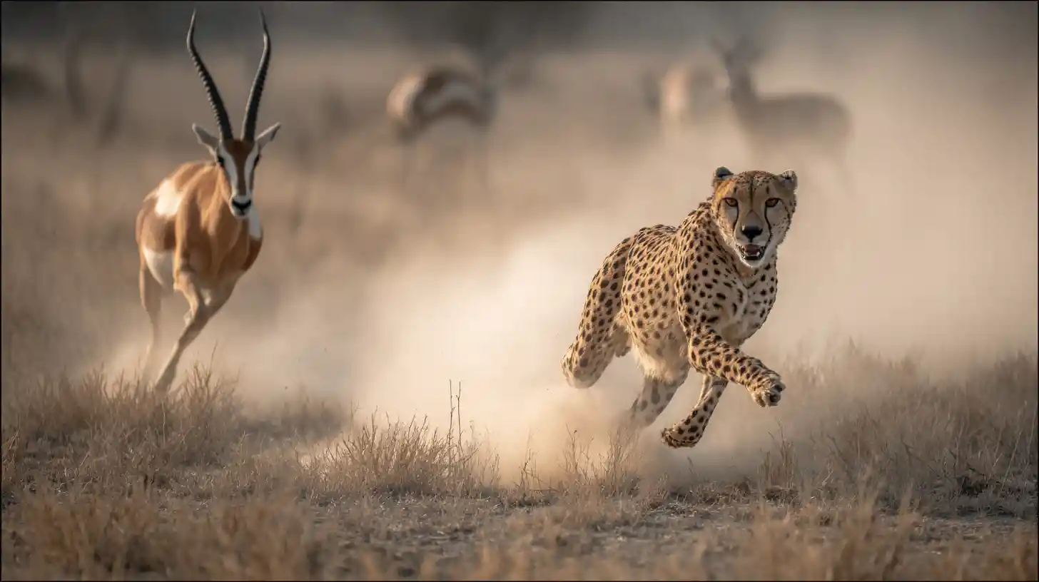 Gepard jagt eine Gazelle über staubige afrikanische Ebenen