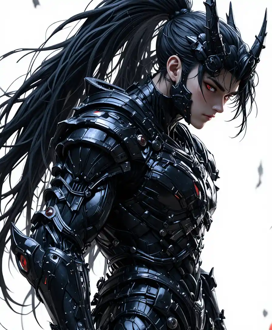 Anime warrior man in black dragon armor on white background