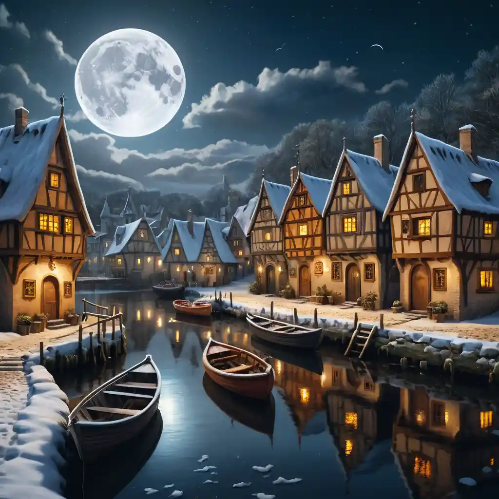 Borgo medievale innevato lungo un fiume illuminato dalla luna