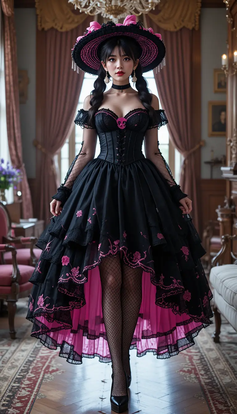 Gothic korean woman in black victorian gown standing in parlor