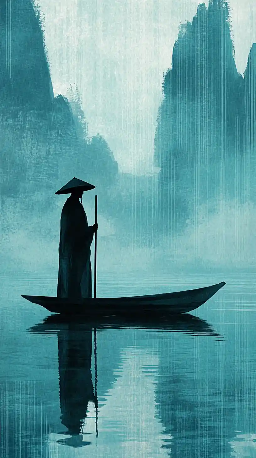 Solitary figure with boat on tranquil teal blue water
