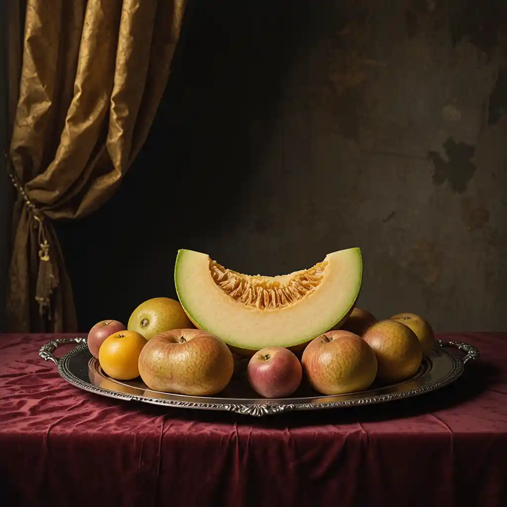 Rebanada de melón en plato de plata con lujoso fondo de terciopelo