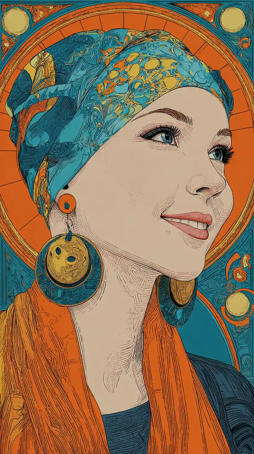 Smiling bald girl in colorful hat with bold earrings