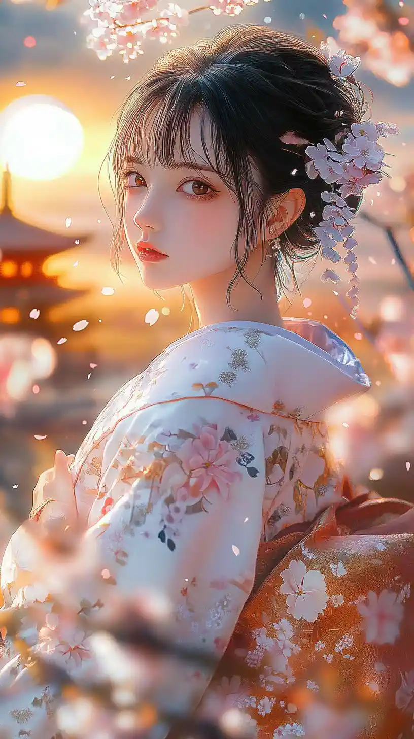 Anime woman in floral kimono under cherry blossoms