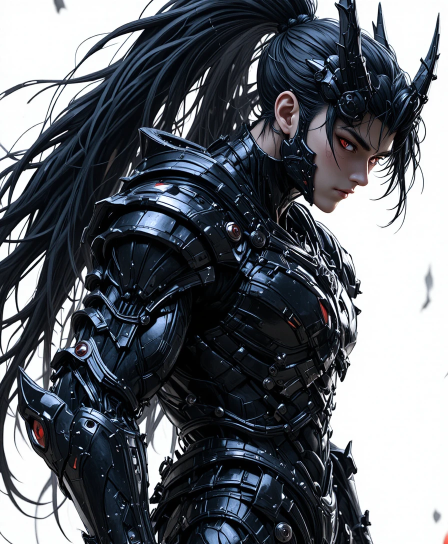 Guerrero de anime con armadura de dragón negra sobre fondo blanco