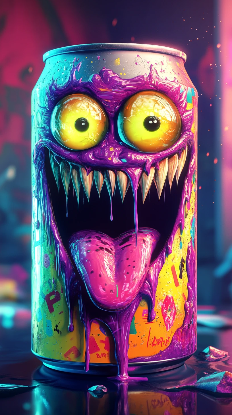 Psychedelic neon soda can monster with dripping tongue