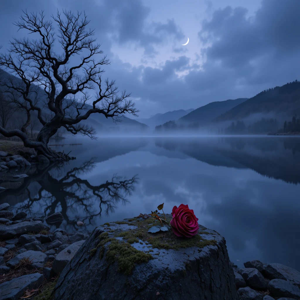 Withered Rose By A Silent Lake At Dusk