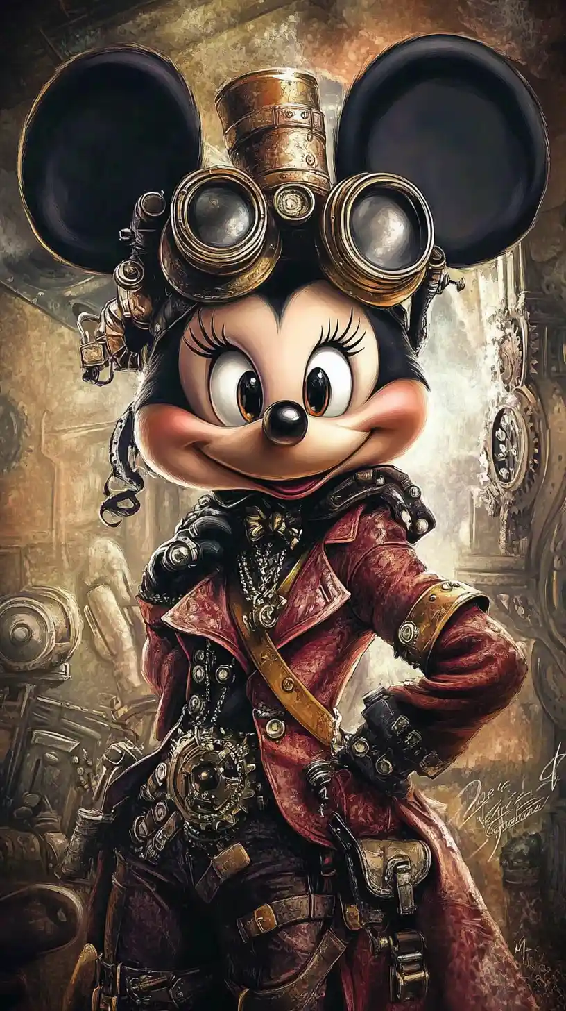 Dark steampunk mouse character before ancient castle ruins