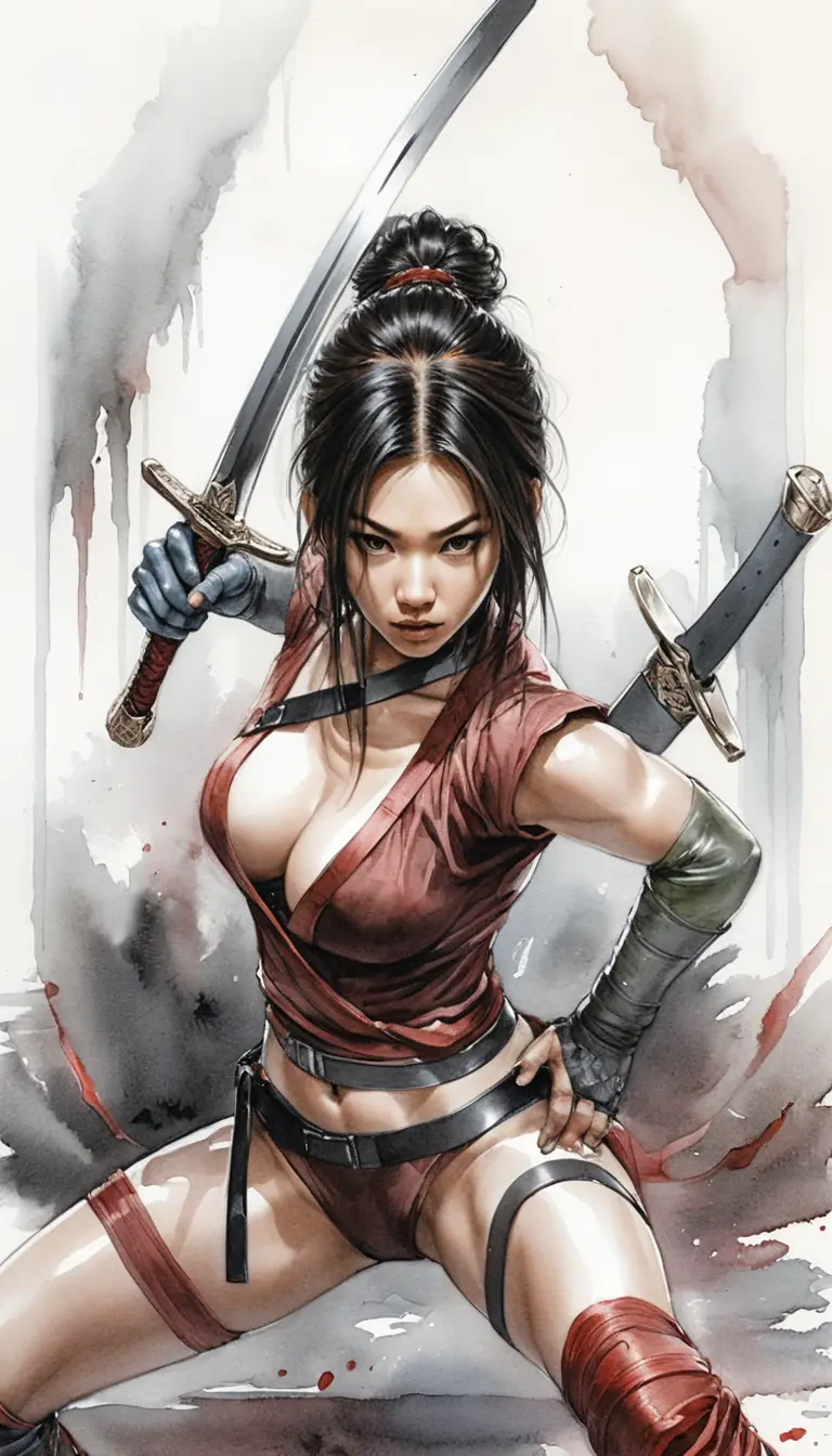 Asian warrior woman with katana in tense cinematic portrait