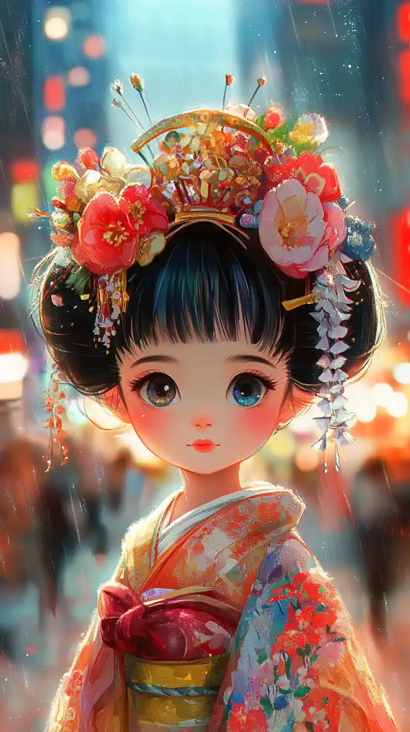 Chibi anime geisha girl on rainy Tokyo street