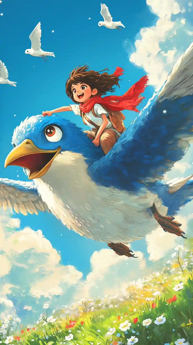 Joyful girl riding a giant bird in blue sky